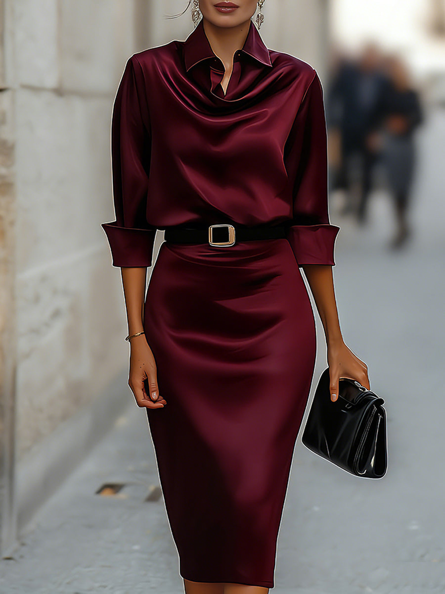 Draped-Collar Midi Dress With Black Belt