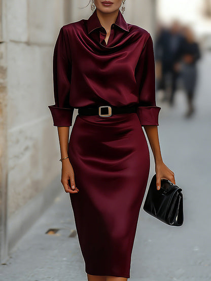 Draped-Collar Midi Dress With Black Belt