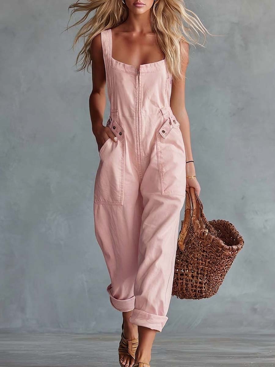 Sleeveless Square Zippered Belted Pocketed Relaxed Jumpsuit