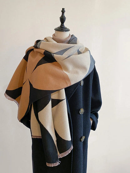 Geometric Curved Fringed Rectangular Long Scarf
