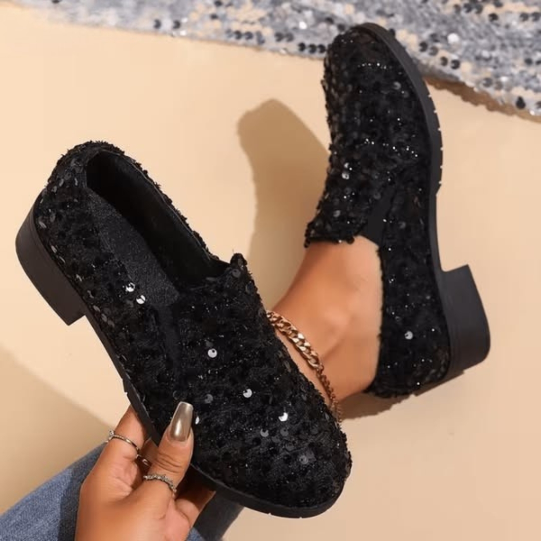 Sequined Round Toe Low Block Loafers