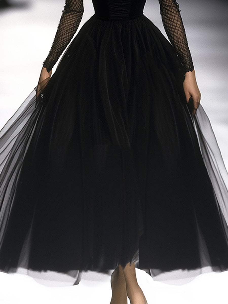 Fitted Gathered Long Flared Midi Dress