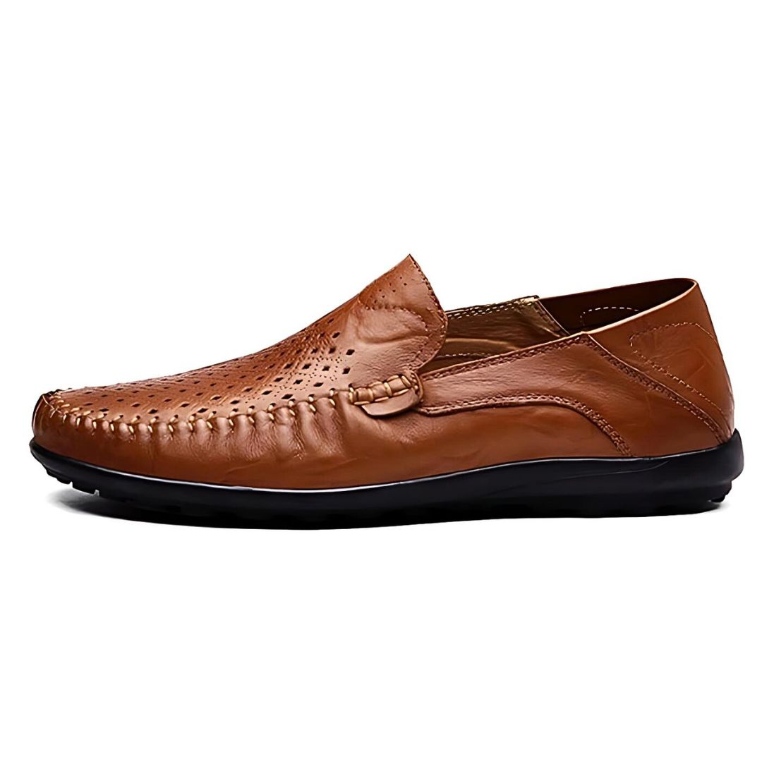 Perforated Stitched Paneled Low Flat Slip On Loafer