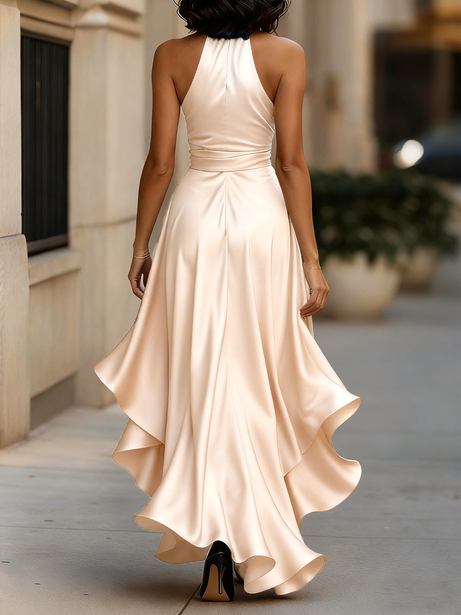 Halter Ruched Ruffled Dress