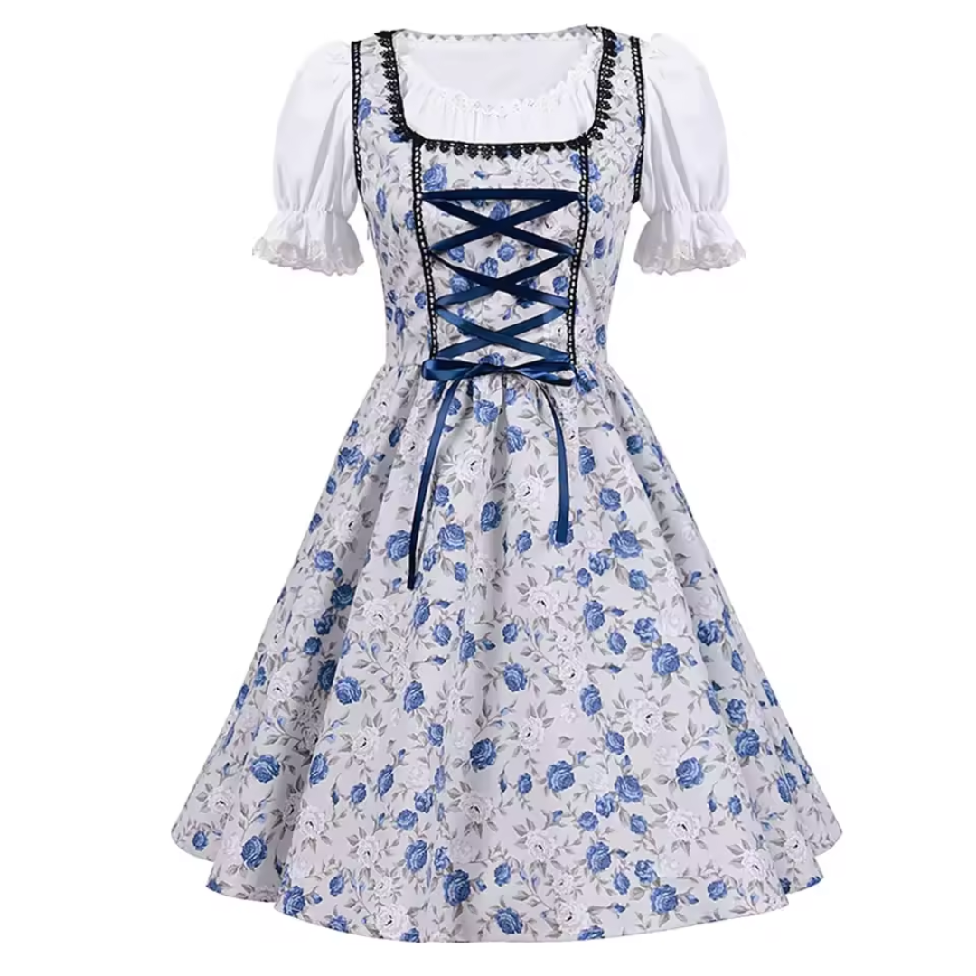 Women's Square Neck Puff Sleeve Lace-Up Floral Midi Dirndl Dress