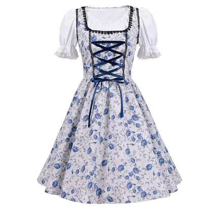Women's Square Neck Puff Sleeve Lace-Up Floral Midi Dirndl Dress