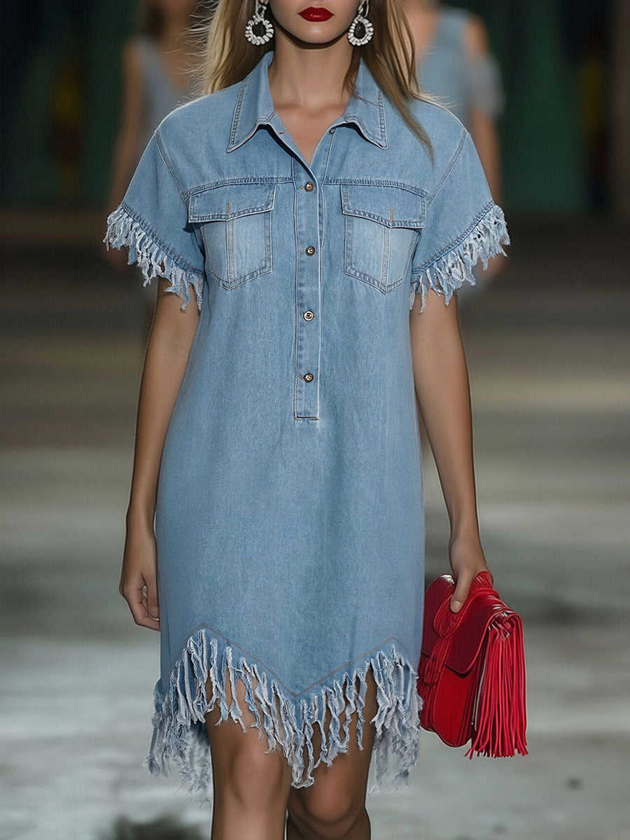 Front Buttoned Fringed Loose Dress