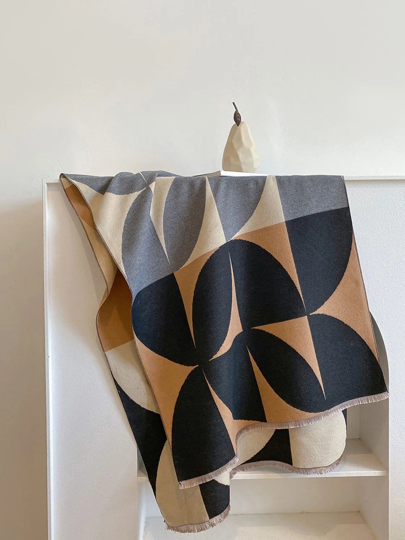 Geometric Curved Fringed Rectangular Long Scarf