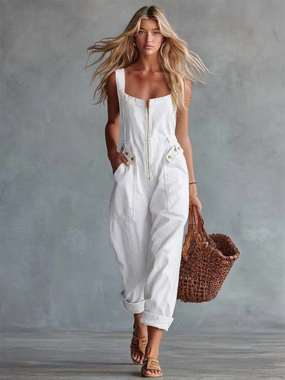 Sleeveless Square Zippered Belted Pocketed Relaxed Jumpsuit
