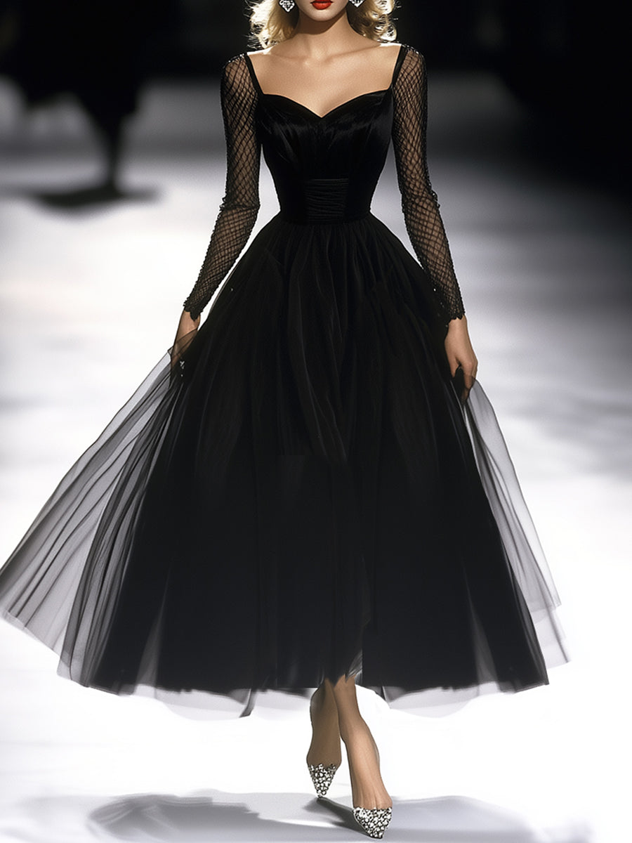 Fitted Gathered Long Flared Midi Dress