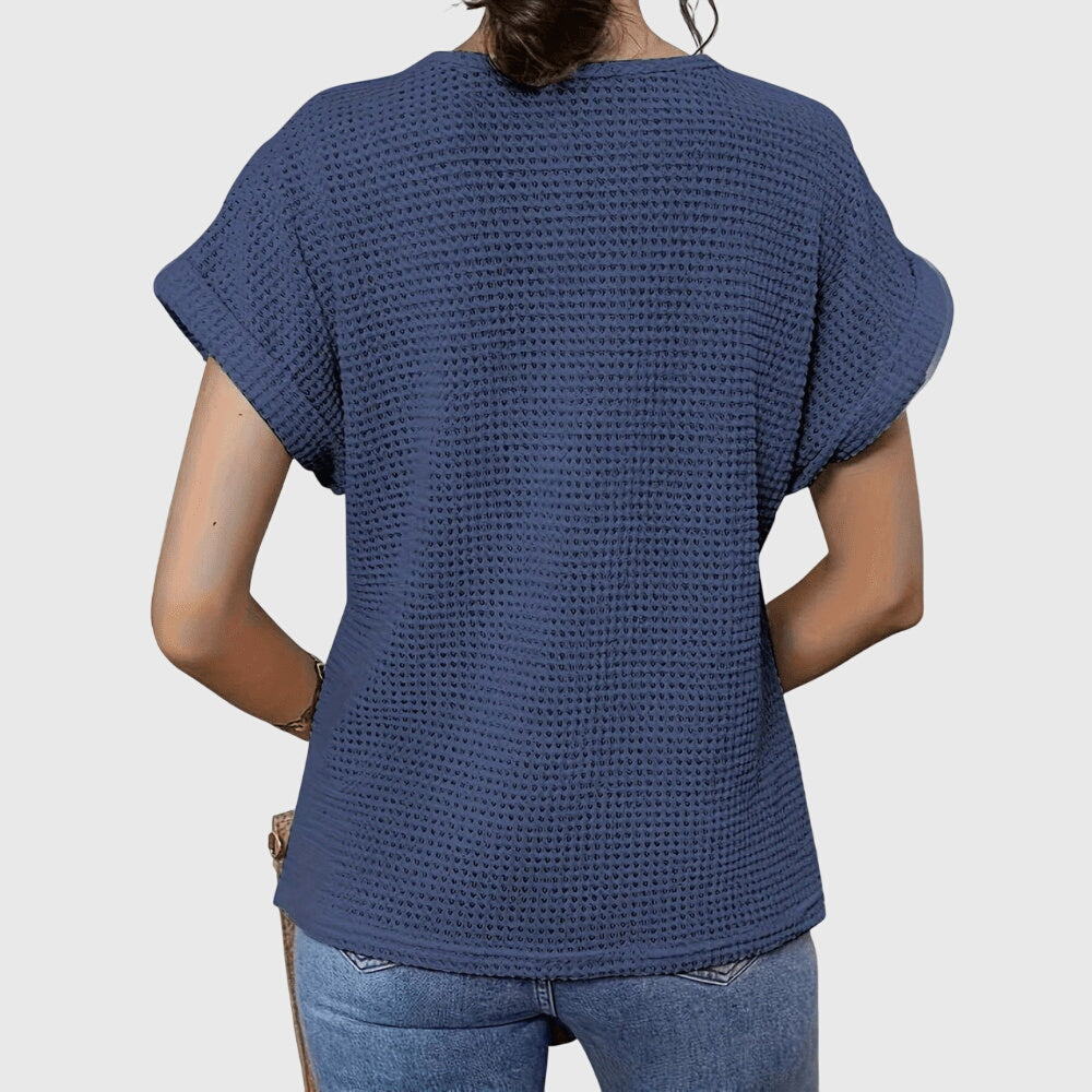 Textured Perforated Geometric Rolled Sleeved Relaxed Top