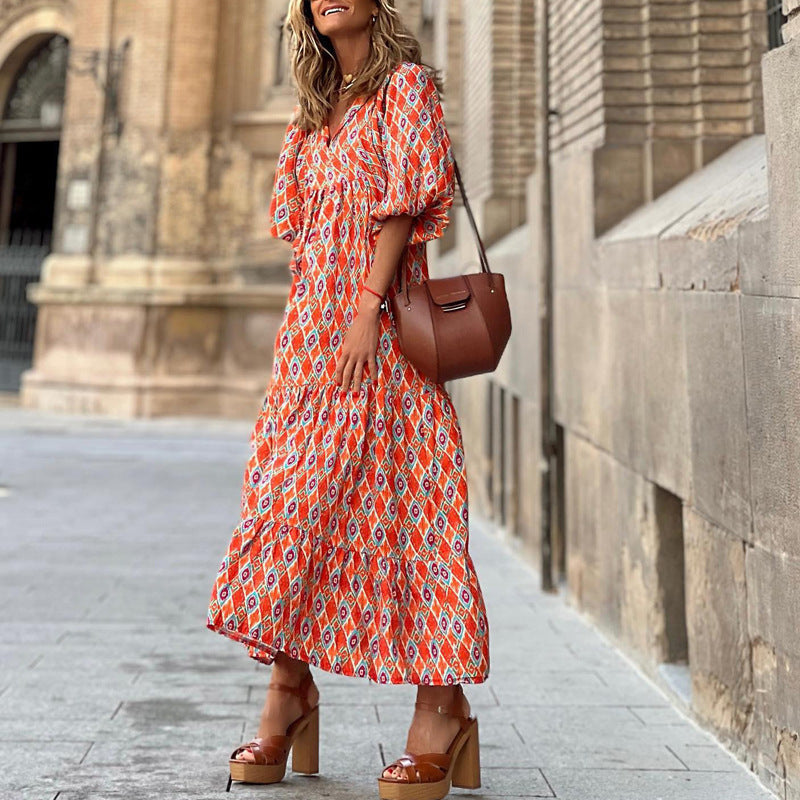 Loose Fit Printed Ruffled Dress