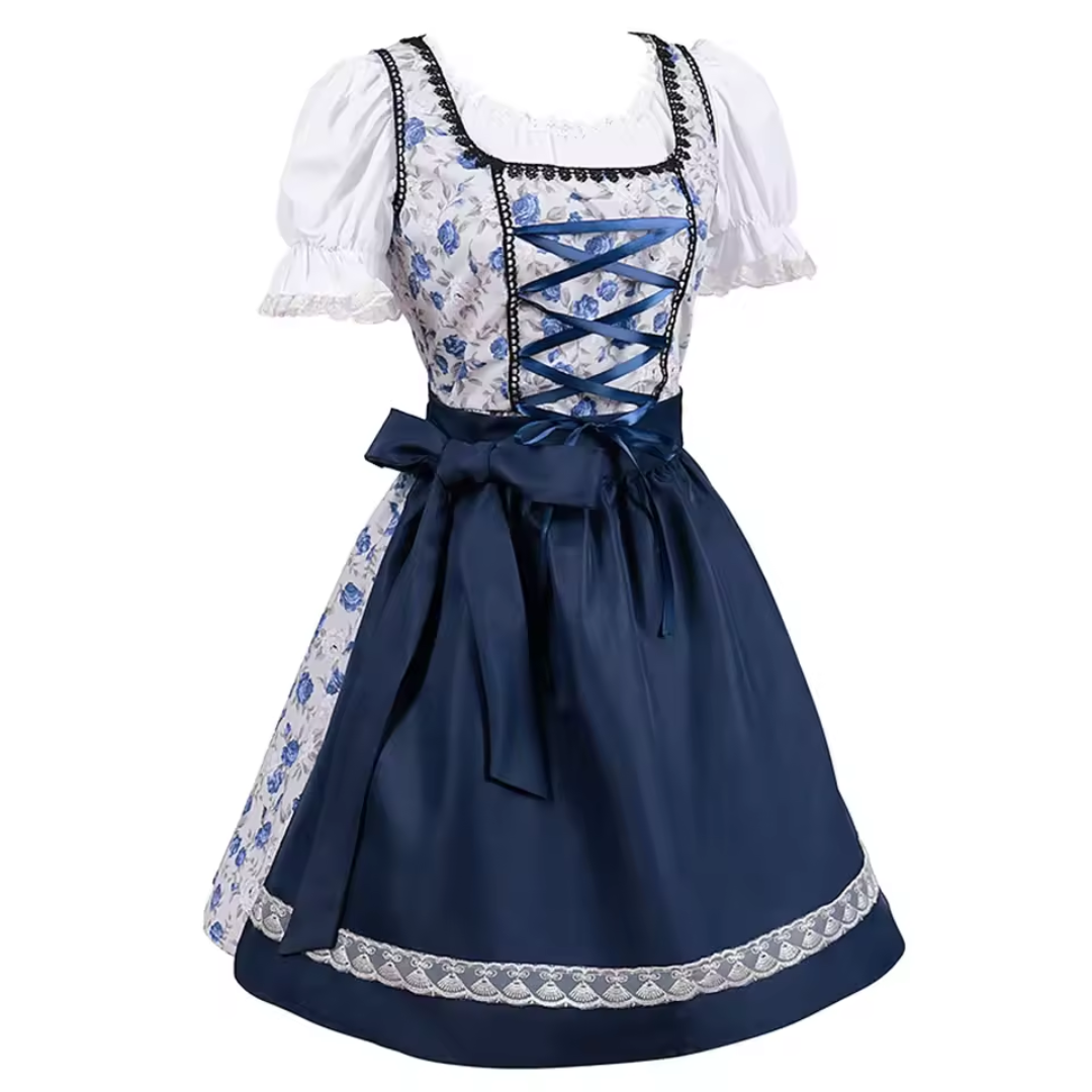 Women's Square Neck Puff Sleeve Lace-Up Floral Midi Dirndl Dress