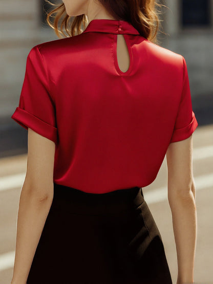 High Neck Keyhole Pleated Cuffed Blouse