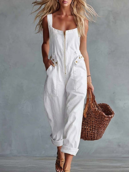 Sleeveless Square Zippered Belted Pocketed Relaxed Jumpsuit