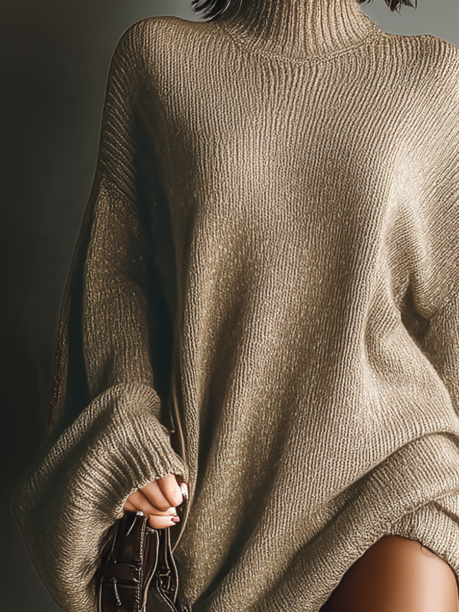 Knitted Mock Neck Oversized Slouchy Mini Dress