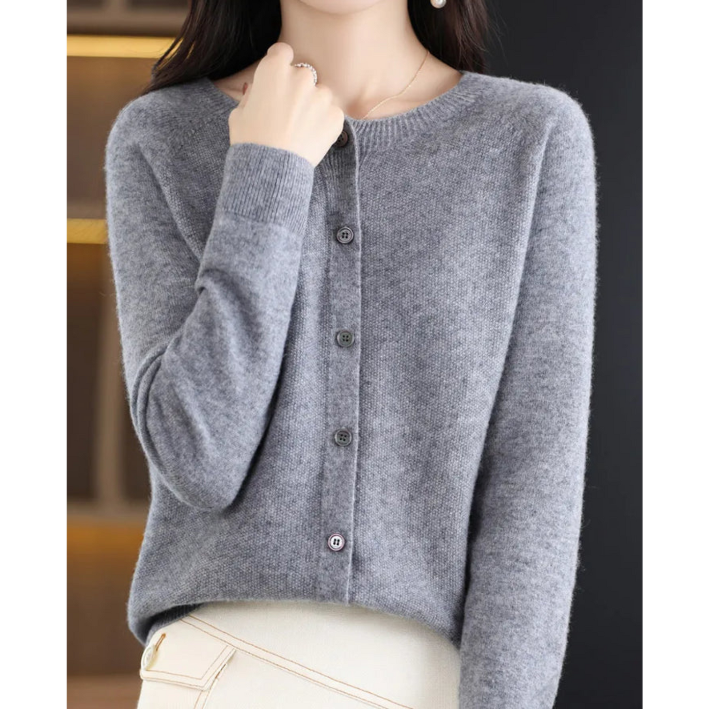 Round Buttoned Ribbed Cuffed Relaxed Cardigan