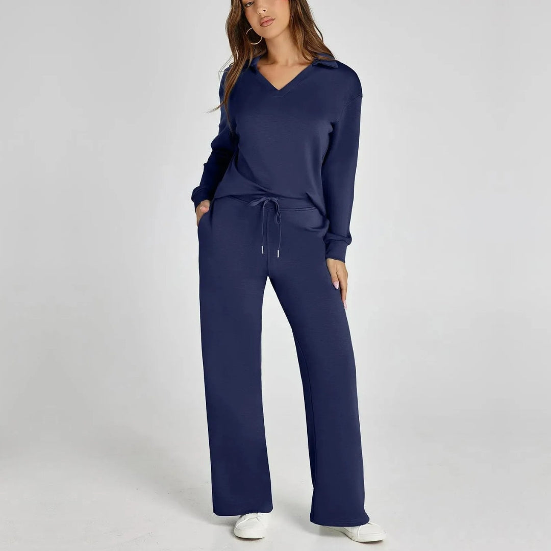 Women's V-Neck Long Sleeve Loungewear Set with Wide Leg Trousers