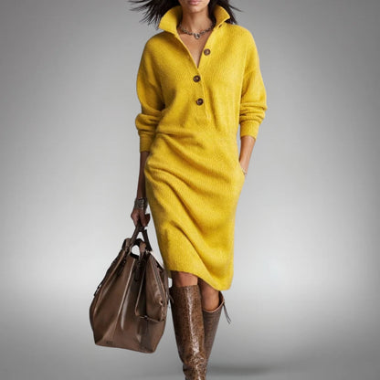 Button Collar Long Sleeve Knit Midi Dress