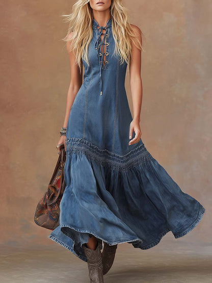 Sleeveless Collared Laced Seamed Gathered Maxi Dress