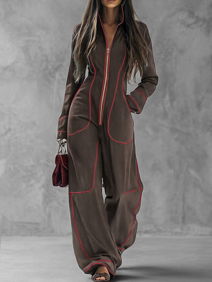 Contrast Piping Stand Collar Wide Leg Jumpsuit