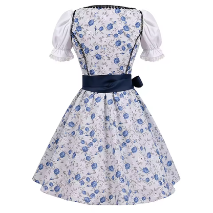 Women's Square Neck Puff Sleeve Lace-Up Floral Midi Dirndl Dress