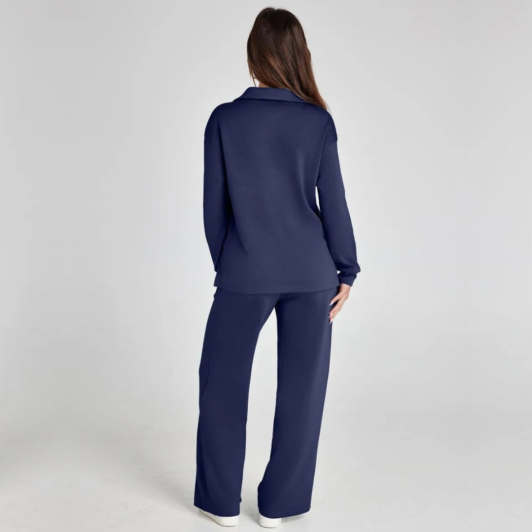 Women's V-Neck Long Sleeve Loungewear Set with Wide Leg Trousers