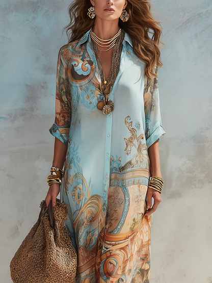 Long Collared Buttoned Loose Printed Straight Dress
