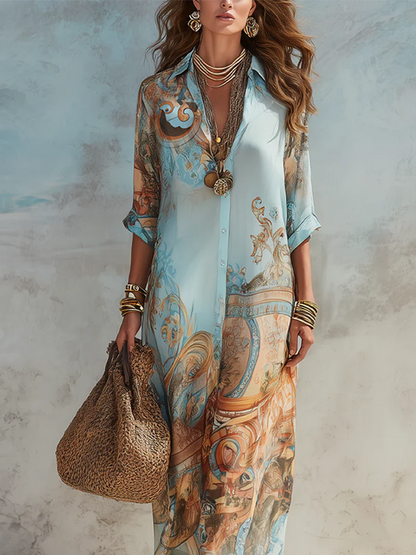Long Collared Buttoned Loose Printed Straight Dress