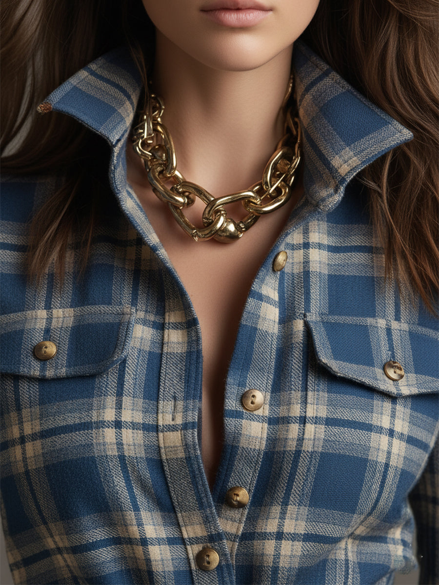 Collared Long Sleeved Plaid Pocketed Maxi Dress