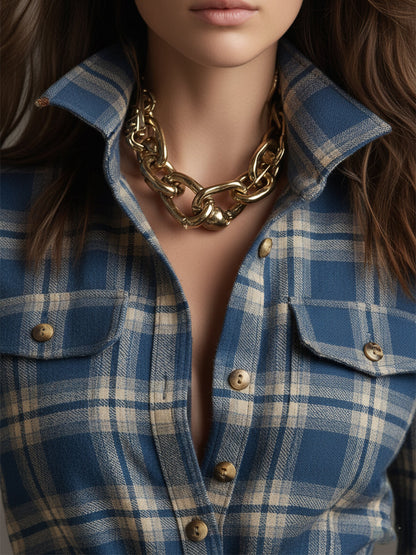 Collared Long Sleeved Plaid Pocketed Maxi Dress