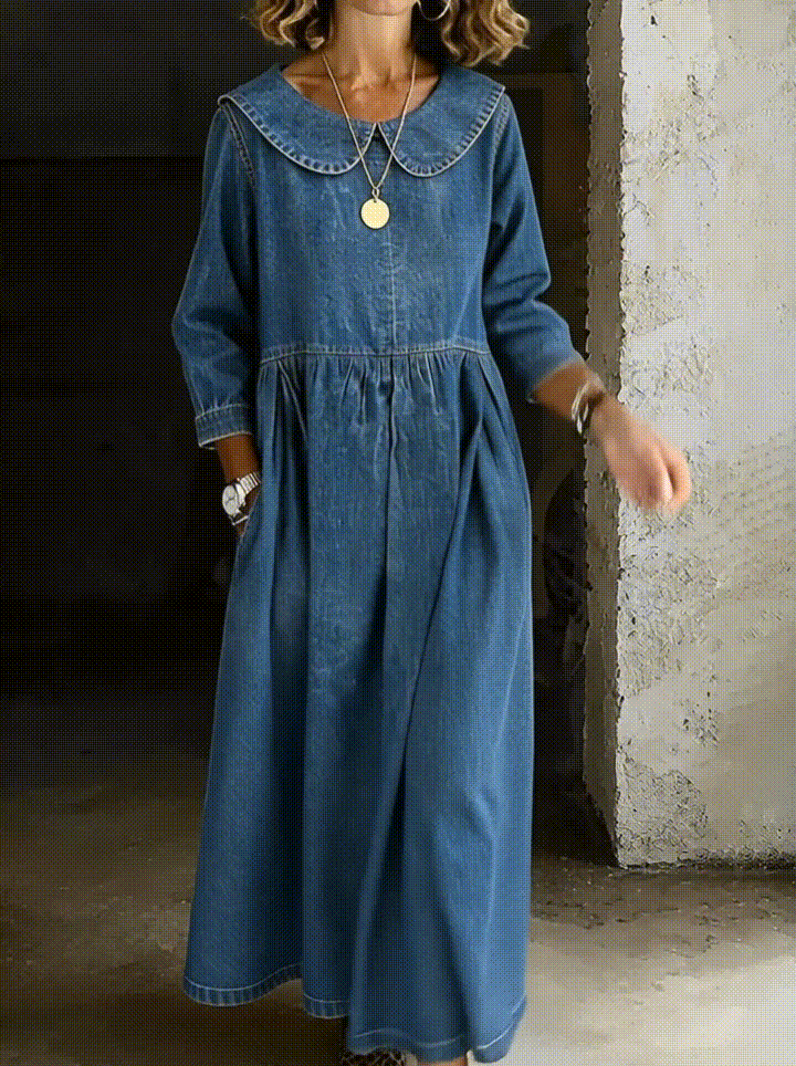 Women's Peter Pan Collar Long Sleeve A-Line Maxi Dress