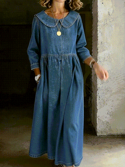 Women's Peter Pan Collar Long Sleeve A-Line Maxi Dress