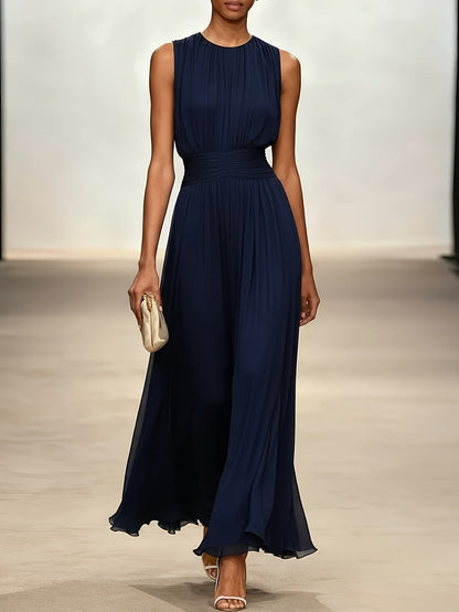 Sleeveless Ruched Waist Pleated Maxi Dress