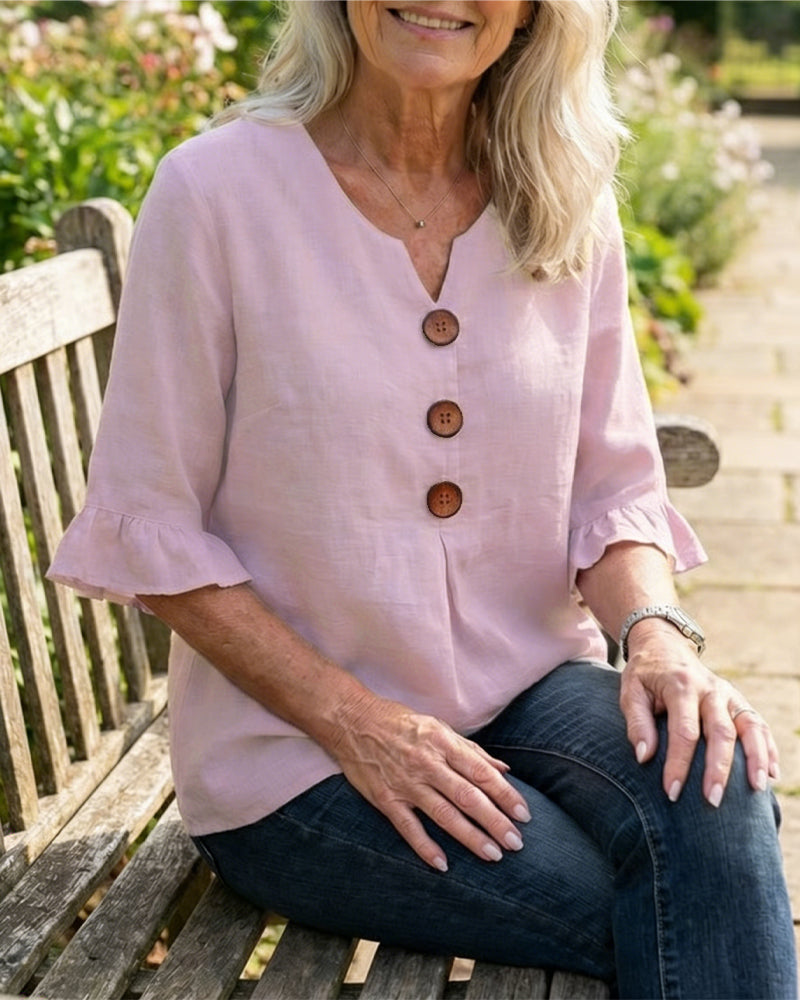 V Neck Button Detail Ruffle Sleeve Top