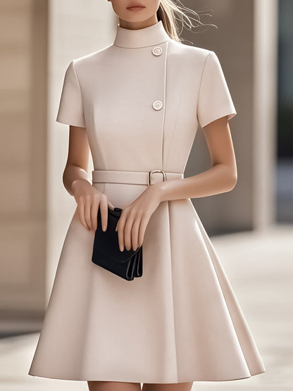 High Neck Short Sleeve Belted A Line Dress