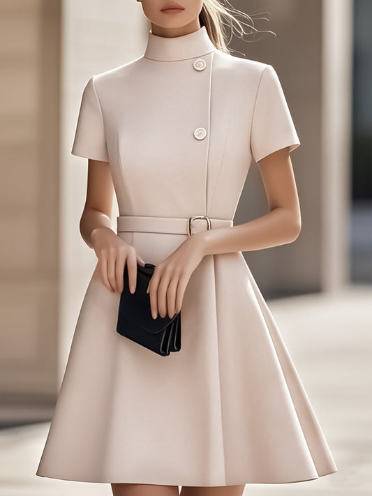 High Neck Short Sleeve Belted A Line Dress