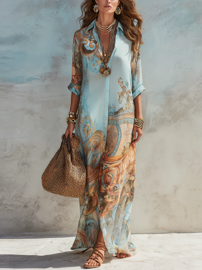 Long Collared Buttoned Loose Printed Straight Dress