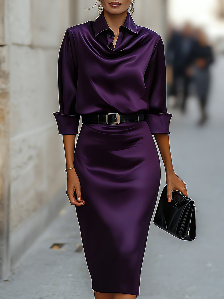 Draped-Collar Midi Dress With Black Belt