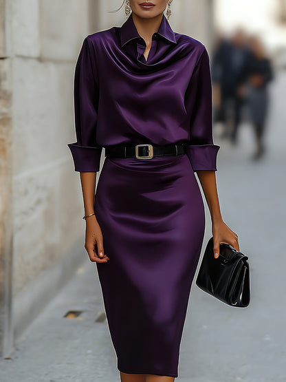 Draped-Collar Midi Dress With Black Belt