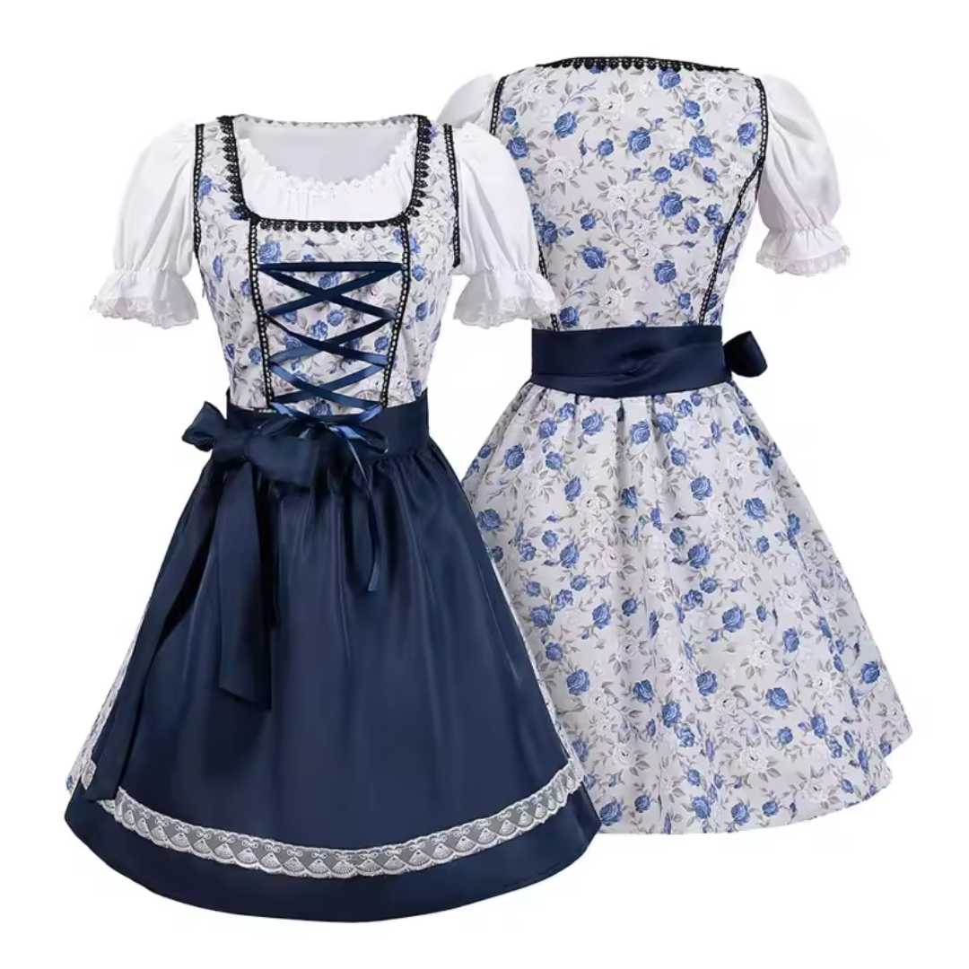 Women's Square Neck Puff Sleeve Lace-Up Floral Midi Dirndl Dress