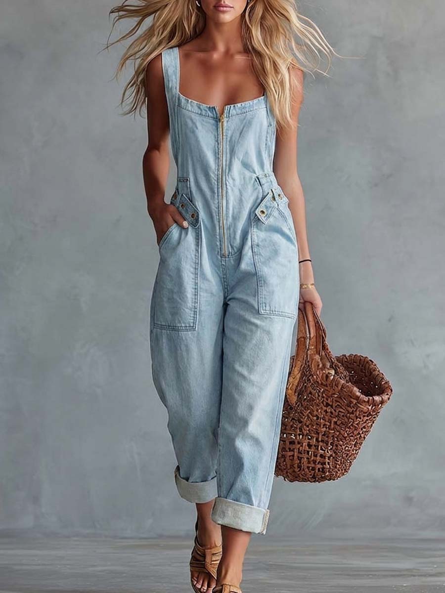 Sleeveless Square Zippered Belted Pocketed Relaxed Jumpsuit