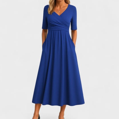 V-Neck Pocketed Midi Dress