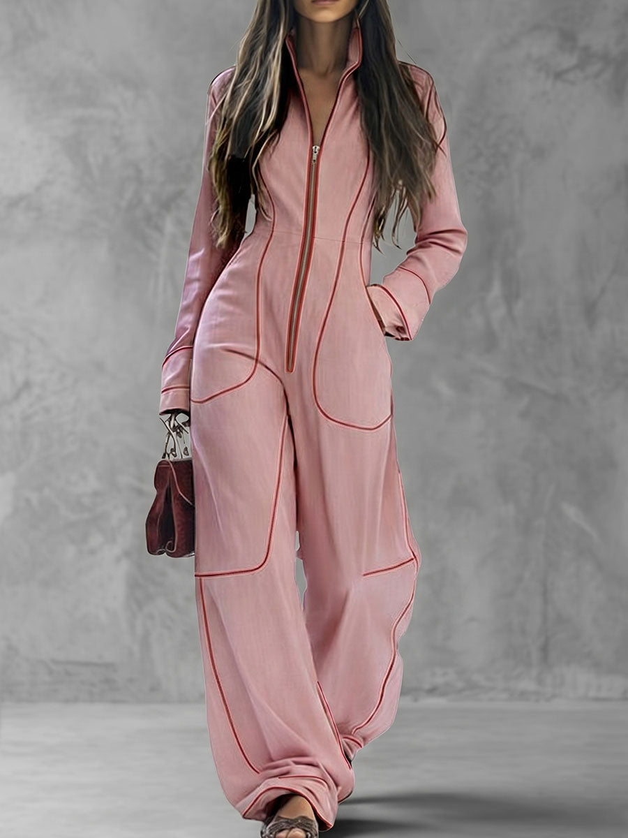 Contrast Piping Stand Collar Wide Leg Jumpsuit