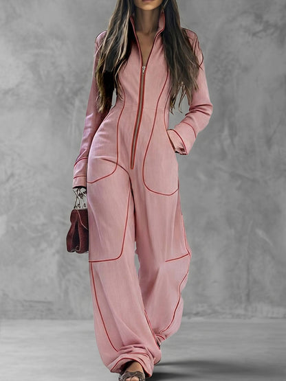 Contrast Piping Stand Collar Wide Leg Jumpsuit