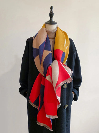 Geometric Curved Fringed Rectangular Long Scarf