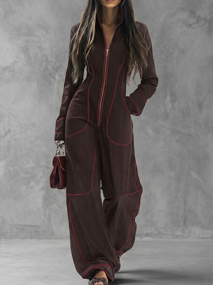 Contrast Piping Stand Collar Wide Leg Jumpsuit