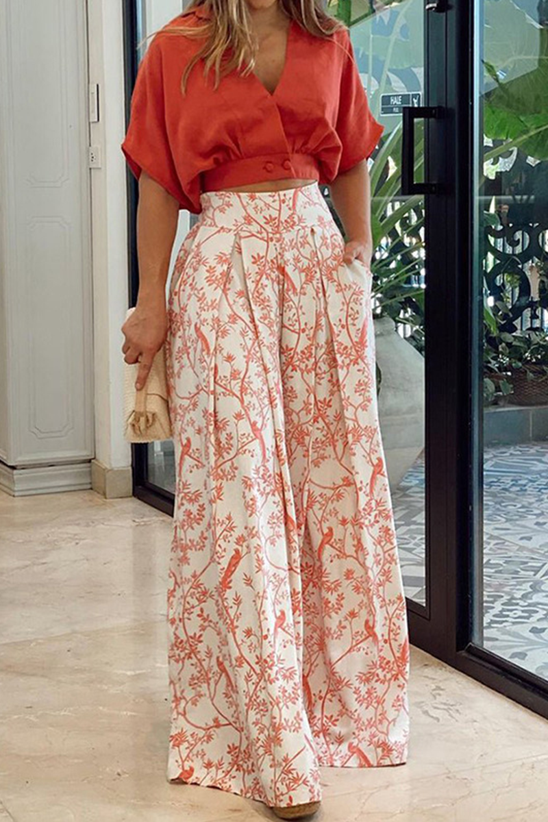 Women's V-Neck Short Sleeve Wide Leg Printed Two-Piece Pants Set