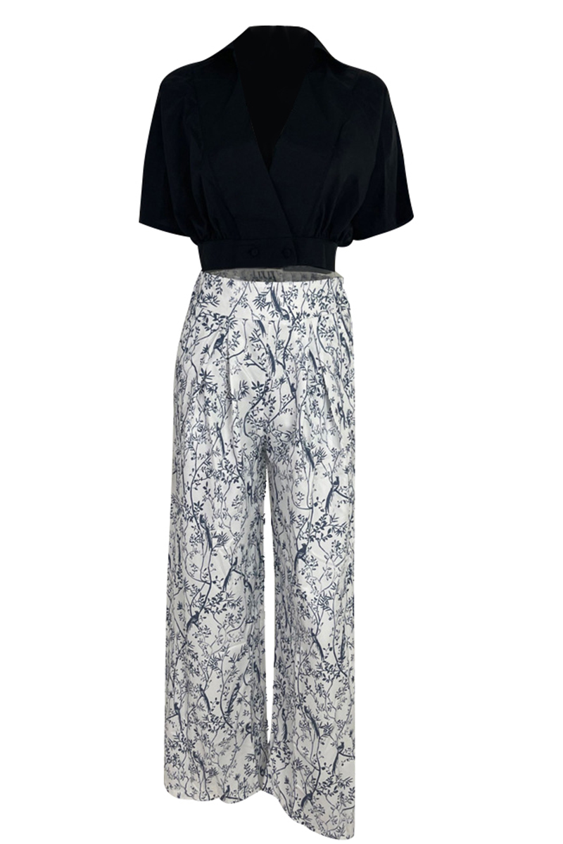 Women's V-Neck Short Sleeve Wide Leg Printed Two-Piece Pants Set
