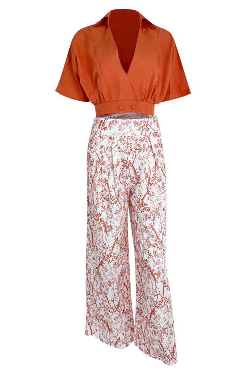 Women's V-Neck Short Sleeve Wide Leg Printed Two-Piece Pants Set